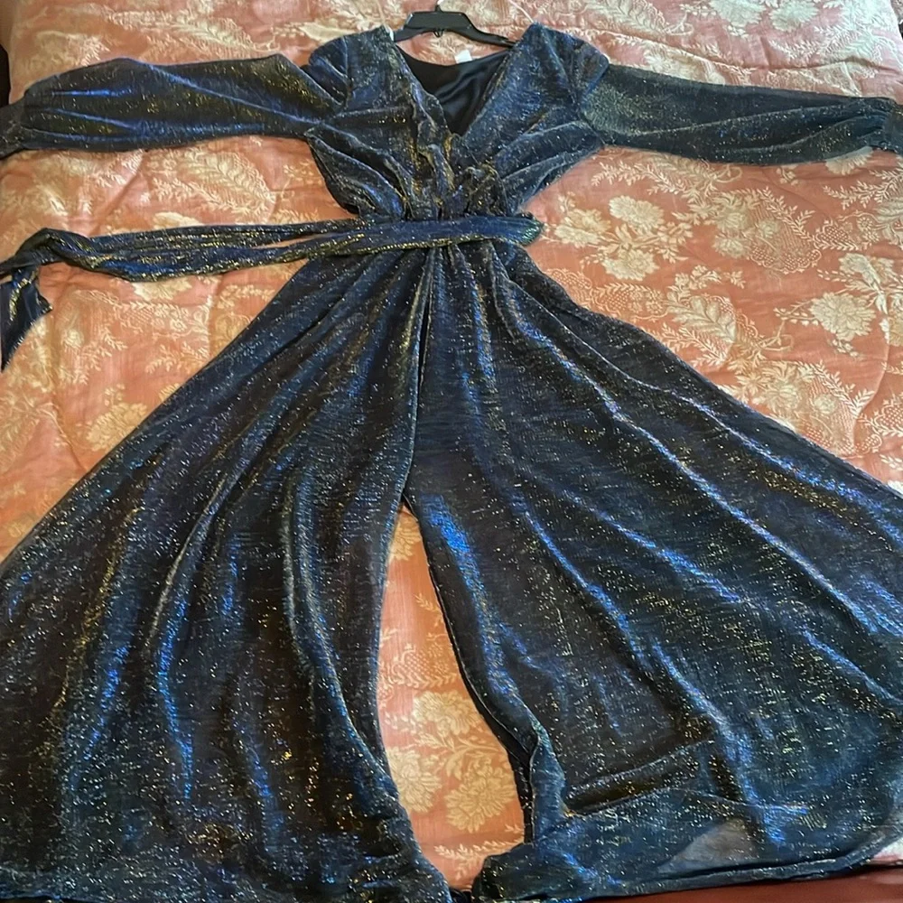 Large Gold and Navy Blue Dress - Picture 3 of 6